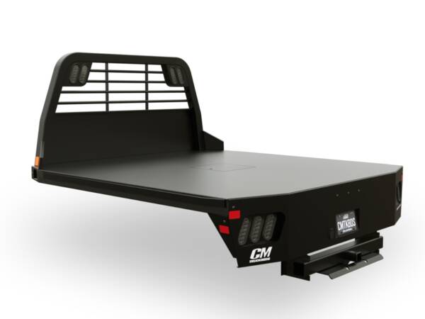 CM RD steel flatbed with an open deck and headache rack
