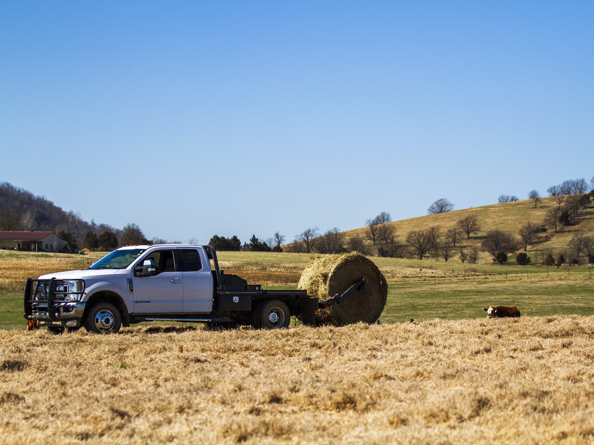 Ford truck with a Butler arm bale bed handling a round hay bale in a pasture